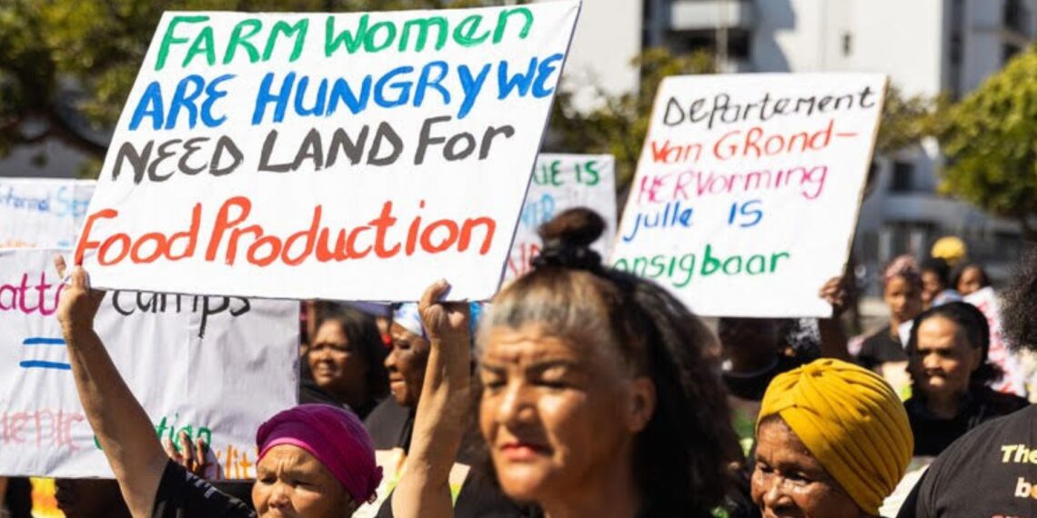 Farmworkers marched to parliament on Thursday, calling for land redistribution. Photo: Ashraf Hendricks