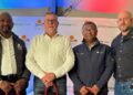 Themba Rikhotso, Land Bank CEO; Jannie Strydom, CEO of Agri Western Cape; Darryl Jacobs, deputy director-general: agricultural development and support services; and Chris Burgess, editor-in-chief of Landbouweekblad. They were speaking at Food For Mzansi and Land Bank’s lunchtime conversation at Nampo Cape in Bredasdorp. Photo: Meshaan van Wyk/Food For Mzansi