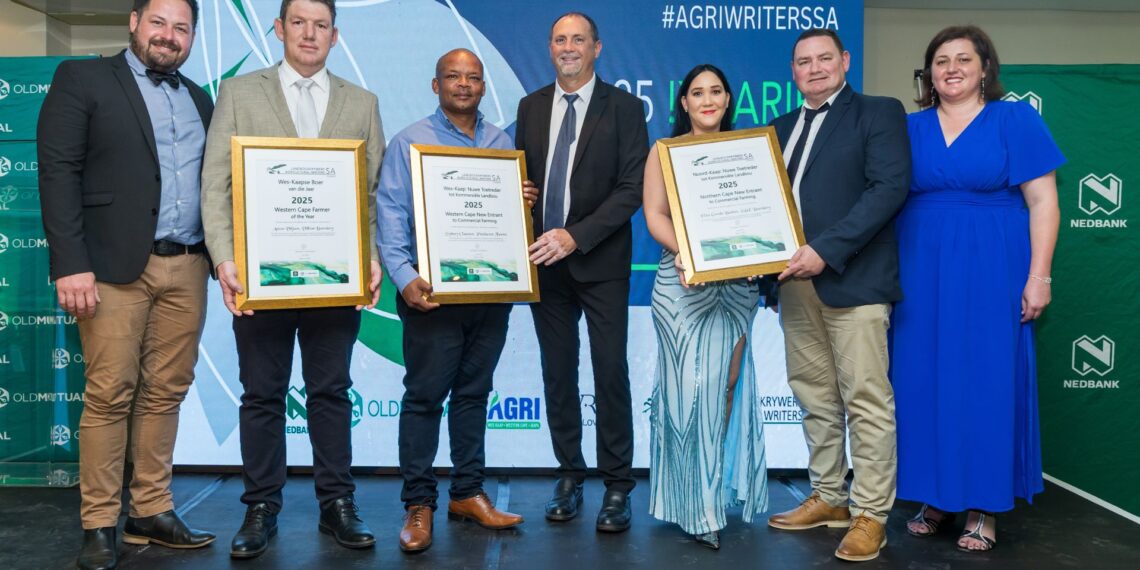 From left to right: Hans Schreuder, Old Mutual; Philip Lourens, Villion Farms; Sydney Claassen, Pinehaven Farms; Daneel Rossouw, Nedbank; Eliza Gerda Beukes, G&E Boerdery; Luke Uys, Old Mutual; Marike Brits, !Xhariep Agricultural Writers SA. Photo: Supplied/Food For Mzansi