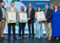 From left to right: Hans Schreuder, Old Mutual; Philip Lourens, Villion Farms; Sydney Claassen, Pinehaven Farms; Daneel Rossouw, Nedbank; Eliza Gerda Beukes, G&E Boerdery; Luke Uys, Old Mutual; Marike Brits, !Xhariep Agricultural Writers SA. Photo: Supplied/Food For Mzansi