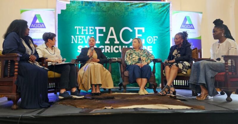 Soul to Soil panelists inspire change in agriculture. On stage from left: Leona Archary from Agda, Elna Schoeman from Schoeman Boerdery, Rebecca Phalatse from Land Bank, Althea Discala from Discala Holdings, Dr Konanani Liphadzi from the Agricultural Research Council, and Patricia Tembo from Food For Mzansi. Photo: Iwan Dirksen/SonnicBoom Entertainment/Food For Mzansi
