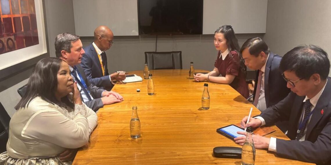Minister John Steenhuisen, deputy minister Rosemary Capa and director-meneral Mooketsa Ramasodi sit with Vietnamese officials during the signing of the new agricultural cooperation agreement. Photo: Supplied/Food For Mzansi