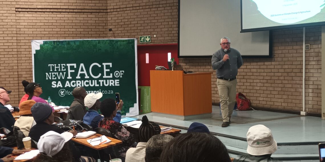 Experts at Food For Mzansi’s Climate Change and Agriculture Summit say small-scale farmers and indigenous crops are vital for building climate resilience and food security. Emile Jordaan, general manager at Metos SA, urged farmers to choose crops suited to their location. Photo: Patricia Tembo/Food For Mzansi