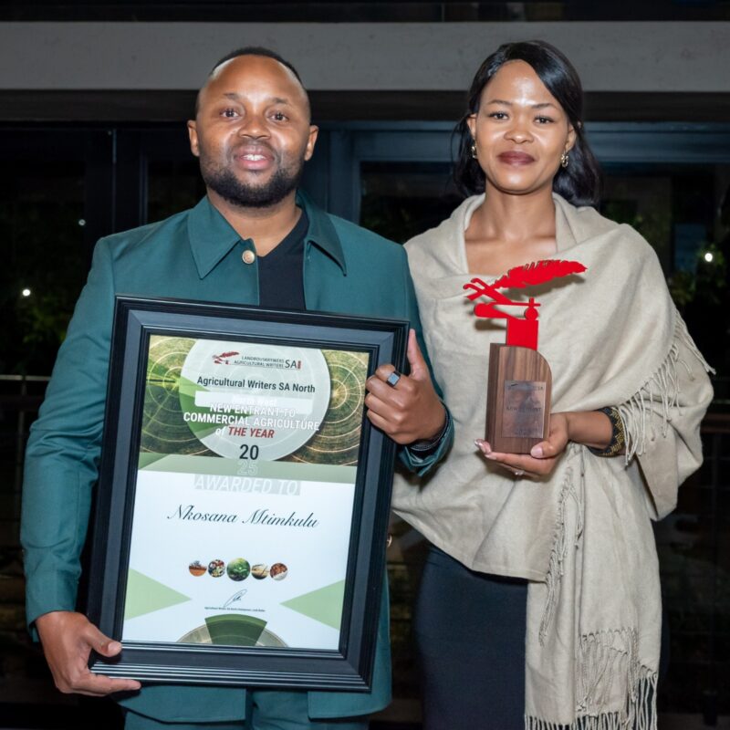 Nkosana Mtimkulu and his wife at Agricultural Writers SA’s North Region award ceremony in Gauteng, where he won the New Entrant to Commercial Farming category. He was due to attend the national awards on Friday evening. Photo: Supplied/Grain SA