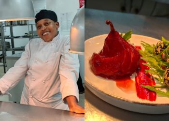 Shamiso Kadzinga is a commis chef at the five-star Erinvale Estate Hotel and Spa in Somerset West in the Western Cape. She shares her recipe for a red wine-poached pear with fried sesame goat cheese. Photos: Supplied/Food For Mzansi