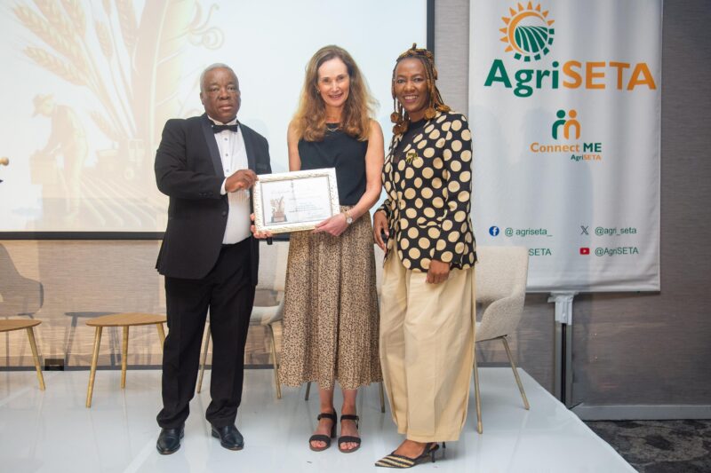 Adv. Elliot Thalente (AgriSETA board member), Lucy Blackburn (United Exports) and Mando Mahlangu (from AgriSETA), celebrating at the 2025 AgriSETA Stakeholder Excellence Awards. Photo: Supplied/Food For Mzansi