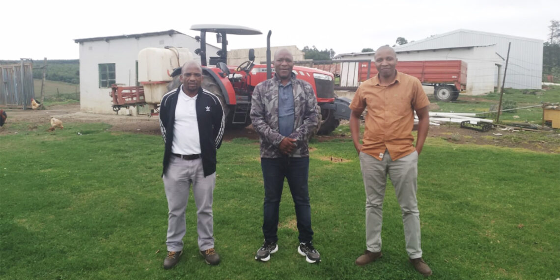 From left: Khayelihle Mendu of the KwaZulu-Natal department of agriculture, farm manager Bheki Shelembe, and Dr Siphe Zantsi of the Agricultural Research Council (ARC). Photo: Supplied/Food For Mzansi