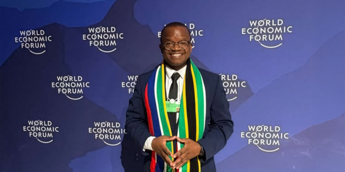 Wandile Sihlobo, Agbiz chief economist, at the World Economic Forum in Davos, Switzerland, highlighting South Africa’s agricultural trade opportunities. Photo: Supplied/Food For Mzansi