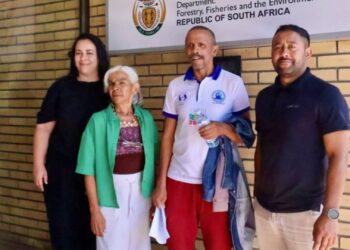 From left to right: Carmen Mannarino (Masifundise Development Trust), Hilda Adams (West Coast Small Scale Fishers Forum), Andre Cloete (Coastal Links), and Faez Poggenpoel (Western Cape Small Scale Fisheries Representative Forum). Photo: Liezl Human/GroundUp