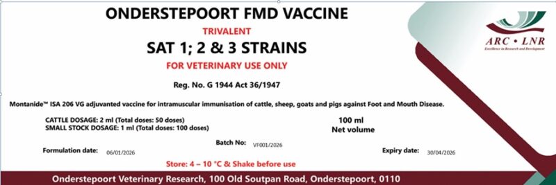 The first locally produced foot-and-mouth disease vaccine from the Agricultural Research Council, showing the official label ready for distribution to South African livestock farmers. Photo: Supplied/ARC