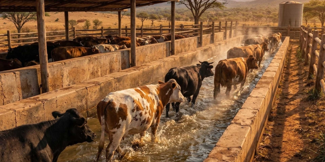 Cattle move slowly through a communal dip tank as part of ongoing vaccination efforts to protect herds from foot-and-mouth disease. Illustration: Gemini: Nano Banana 2