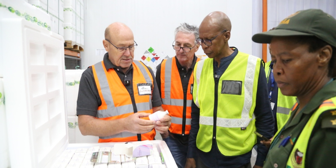 Mooketsa Ramasodi, director-general of the department of agriculture, welcomes the arrival of 1.5 million Dollvet FMD vaccines from Turkey at Aerolink Pharma 18, OR Tambo International Airport. Photo: Supplied/Food For Mzansi
