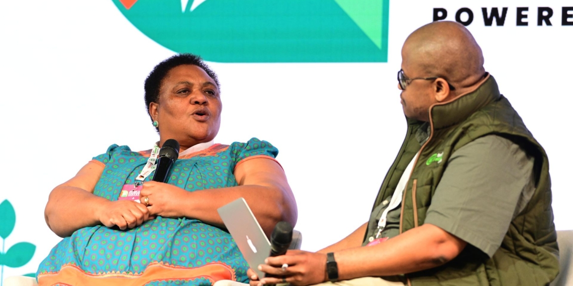 Speaker of the national assembly Thoko Didiza discusses the future of land reform and youth empowerment with Food For Mzansi news editor Tiisetso Manoko at the final day of the Mzansi Young Farmers Indaba in Pretoria. Photo: Food For Mzansi