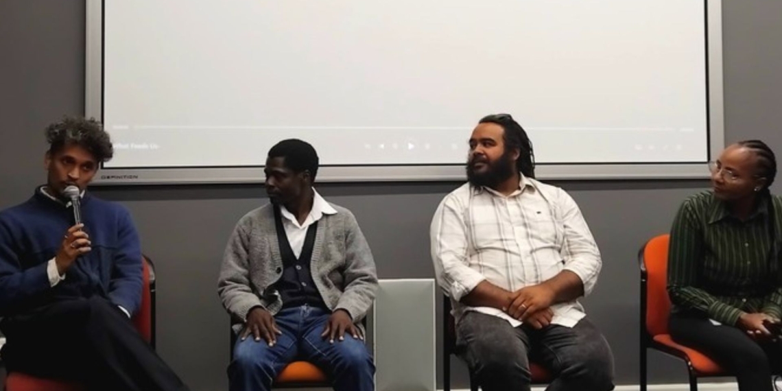 Director of 'What Feeds Us', Alex Hendricks, in a panel discussion with Method Gundidza, Marshall Rinquest and Busisiwe Mgangxela. Photo: Marecia Damons/GroundUp
