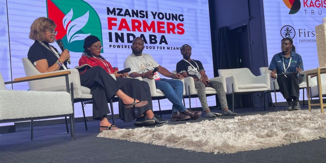 The panel explored agroprocessing and policy issues in South Africa related to value-added agricultural products at the Mzansi Young Farmers Indaba 2026. From left to right: Karin Kleinbooi, executive manager for inclusion and development at South Africa Wine; Ska Moteane, Lesotho-based chef; Bayanda Maseko, agripreneur and founder of Noliqua Legacy Snail Farm; and Linda Siboto, co-founder and director of Cheeba Africa. Photo: Food For Mzansi