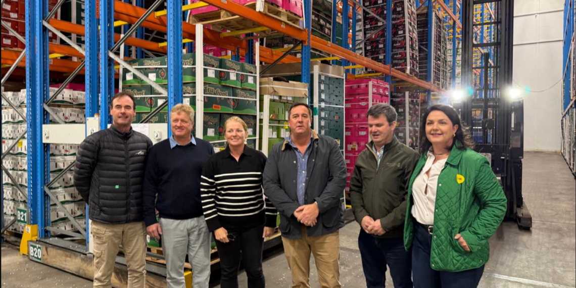Calla du Toit from Tru-Cape Fruit Marketing, Francois Malan from Ceres Fruit Growers, Danell du Toit from De Keur, minister John Steenhuisen, Jacques du Preez from Hortgro, and Georgina Hewitt from Verdun Estates met at Ceres Fruit Growers to discuss the electricity crisis affecting the region following the devastating storm. Photo: Tru-Cape