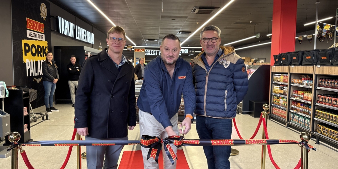 Eskort has scaled up its footprint with brand-new stores in Gauteng and the Western Cape. From left: Gerard Braak Jnr., Ihan Carstens, managing director Target Meats, and Arnold Prinsloo, Eskort CEO. Photo: Eskort