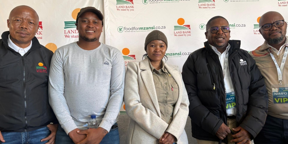 From left to right: Nthako Nthaele, provincial head for Free State at Land Bank, farmer Tumelo Pedi, farmer Dieketseng Mahlelehlele, Sakhumzi May, chief agricultural economist at Land Bank, and Vonani Mabunda, acting chief banking officer at Land Bank. Photo: Meshaan Van Wyk/ Food For Mzansi