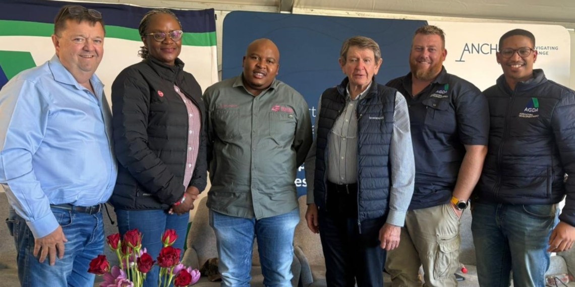 Nampo 2026 agriculture finance panel from left to right: Peter Armitage, Dr Langelihle Simela, Thubelihle Ntombeni, Kallie Schoeman, Sietze Snijder, and Duncan Masiwa. Photo: Meshaan Van Wyk/Food For Mzansi