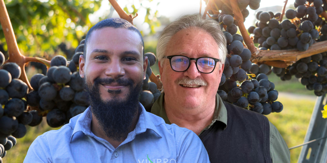 Logan Jooste (left) explains review by Prof. Francois Lategan on how the South Africa Wine and Vinpro initiative equips black winegrape farmers with the resilience and technical skills needed to overcome climate and financial hurdles. Photo: Gareth Davies/Food For Mzansi