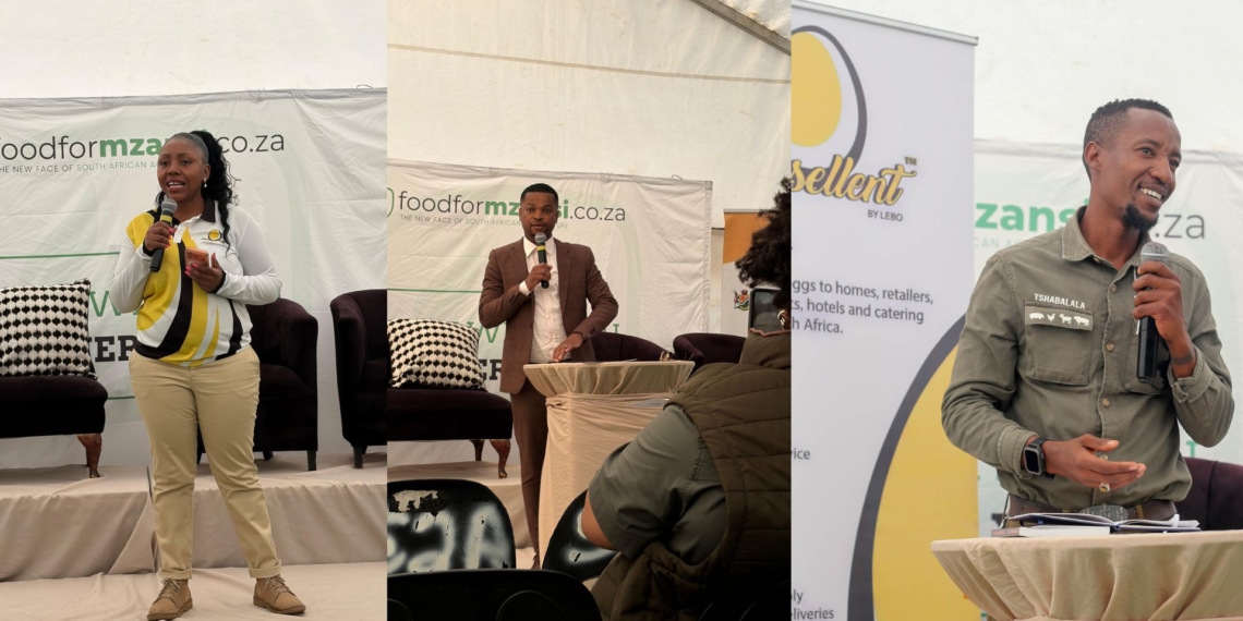 From left: Farmer host Lebo Mashigo, founder of Eggsellent by Lebo; Dumisani Mahlangu, municipal manager of the Thembisile Hani Local Municipality; and Sizo Tshabalala, the founder of Tshabalala Farming, at the Mpumalanga Farmers' Day 2026.
Photos: Supplied/Food For Mzansi