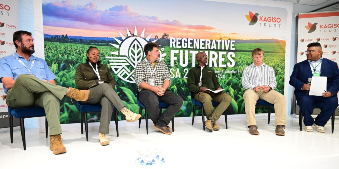 From left to right: Danie Slabbert, owner of Sewe Slabberts farm; Free State, Mookho Chaka, stakeholder relations, enterprise and ecosystem building manager at Rustlers Valley; Bertie Coetzee, owner of LowerLand farm, Northern Cape, Tshalenyana; Charles Tsenase, Rustlers Valley Regenerative Farm and Eco-Tourism; Francois Maree, Free State egg farmer; and Ivor Price, managing director, Food For Mzansi Group. Photo: Kagiso Trust/Food For Mzansi