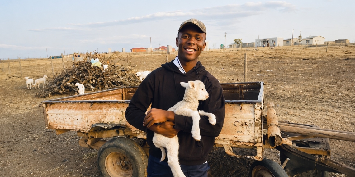 Fort Cox student Uzusakhe Mbebe on his family's communal farm near Komani, where he is applying regenerative farming principles while building a commercial livestock enterprise. Photo: Supplied/Food For Mzansi