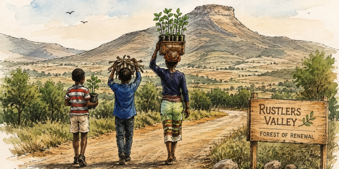 The Forest of Renewal at Rustlers Valley celebrates the intertwined legacies of Frik Grobbelaar, Anton Chaka and Riky Rick, inviting South Africans to restore the land while cultivating hope, belonging and community. Illustration: ChatGPT