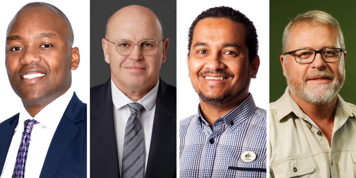 Jabu Mphambo, acting CEO of Land Bank; Johann Kotzé, CEO of AgriSA; Dr Keith du Plessis, CEO of Casidra; and Jannie Strydom, CEO of Agri Western Cape. They will be among the exciting speakers at Food For Mzansi and Land Bank’s popular lunchtime conversations at Nampo Cape 2026. Photos: Supplied/Food For Mzansi