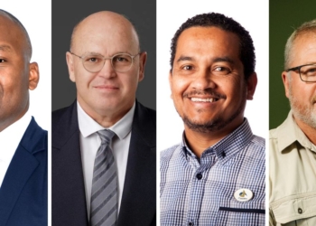 Jabu Mphambo, acting CEO of Land Bank; Johann Kotzé, CEO of AgriSA; Dr Keith du Plessis, CEO of Casidra; and Jannie Strydom, CEO of Agri Western Cape. They will be among the exciting speakers at Food For Mzansi and Land Bank’s popular lunchtime conversations at Nampo Cape 2026. Photos: Supplied/Food For Mzansi
