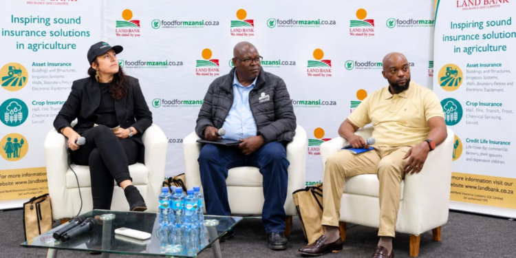 The panel featured (from left to right) TerraClim CEO and founder Dr Tara Southey, Land Bank Insurance executive operations manager Andries Mahlase, and Venshaw Insurance Administrators broker representative Sinethemba Zweni during the final Land Bank Lunchtime Conversation at Nampo Cape 2026. Photo: Supplied/Food For Mzansi