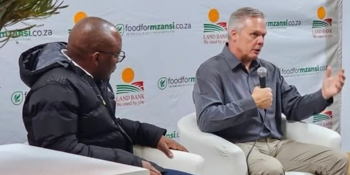 Minister Willie Aucamp and Land Bank acting CEO Jabu Mphambo discuss debt restructuring and blended finance solutions for farmers at NAMPO Cape 2026. Photo: Supplied/Food For Mzansi