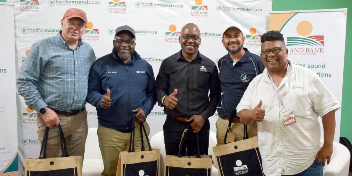 From left to right: AgriSA chief executive Johann Kotzé, Western Cape Department of Agriculture head Dr Mogale Sebopetsa, Land Bank acting chief executive officer Jabu Mphambo, Casidra chief executive Dr Keith du Plessis and Food For Mzansi managing director Ivor Price, panelists at the Food For Mzansi and Land Bank lunchtime conversation on day one of NAMPO Cape 2026. Photo: Supplied/Land Bank