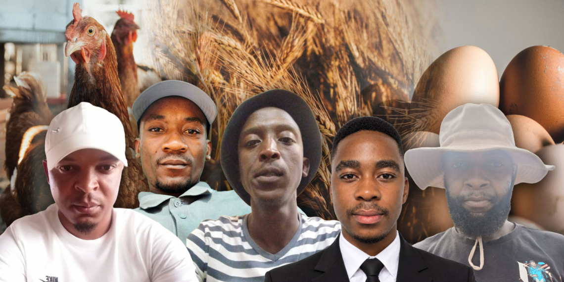 The partners behind Isondlo Holdings in Zone 2, Mountain View, Mpumalanga. From left to right: Dumisani Mahlangu, Senzo Malinga, Sibusiso Zwane, Thabo Mthombeni, and Sydwell Shabangu. Photo: Gareth Davies/Food For Mzansi