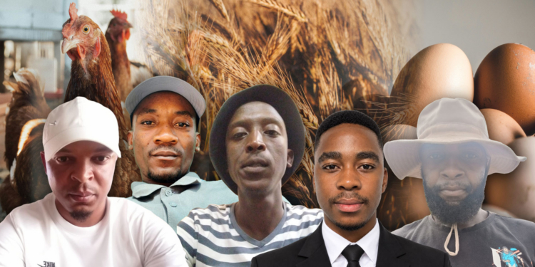 The partners behind Isondlo Holdings in Zone 2, Mountain View, Mpumalanga. From left to right: Dumisani Mahlangu, Senzo Malinga, Sibusiso Zwane, Thabo Mthombeni, and Sydwell Shabangu. Photo: Gareth Davies/Food For Mzansi