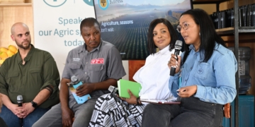 The panellists at FNB Business’s “Farming together” discussion at the Royal Show explored how market access, mentorship, financial discipline and strong commercial relationships can help farmers build sustainable businesses. Featured from the left are Bertram July (FNB’s distribution sales lead), commercial farmer Shakes Shabalala; Sandy Gumede (co-founder of Zulu Girl Wines), and Janis Robson (FNB’s head of development and SME business development). Photo: Food For Mzansi