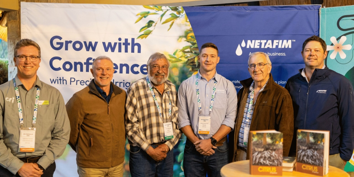 The publisher, co- authors and sponsors of the Citrus Irrigation publication at the launch
event. From Left to Right: Coenraad Fraenkel, CRI extension manager for Western and Northern Cape; Pieter Raath: CRI programme manager for preharvest quality; Dr Philip Myburgh, co-author; Michael Esmereldo, managing director of Netafim Southern and Eastern Africa; Dr Johan Van Zyl, co-author; and Charl van Reenen, Netafim agronomy manager. Photo: Supplied/Food For Mzansi