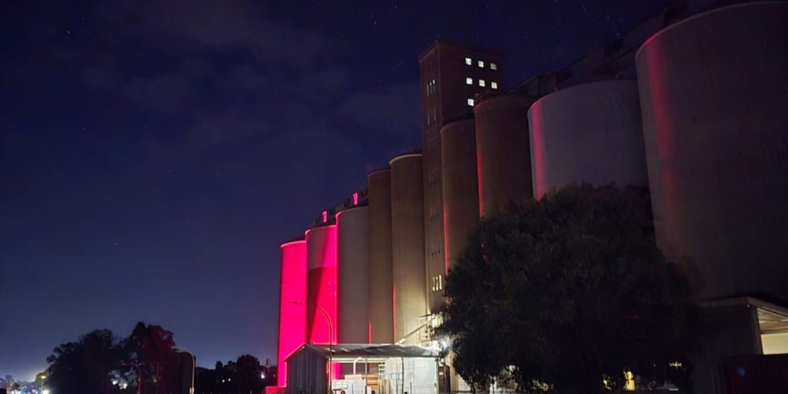 Some of the NWK silos were lit with pink lights in support of Breast Cancer Month. Photo: NWK